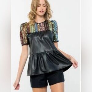 THML Sequin and Faux Leather Baby Doll Top Size XL
